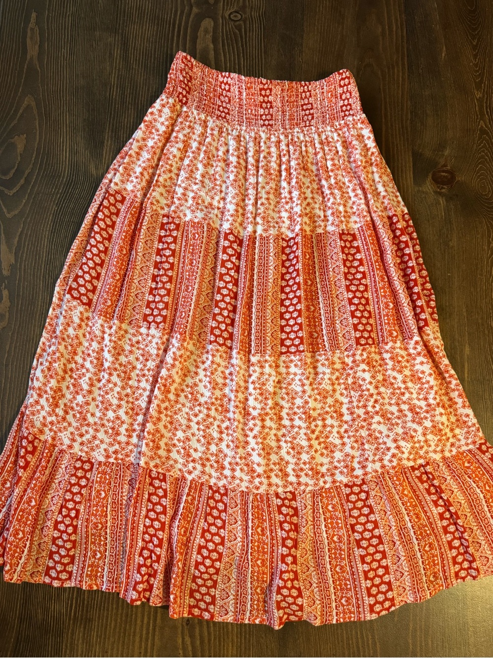 Red Patterned Tiered Maxi Skirt